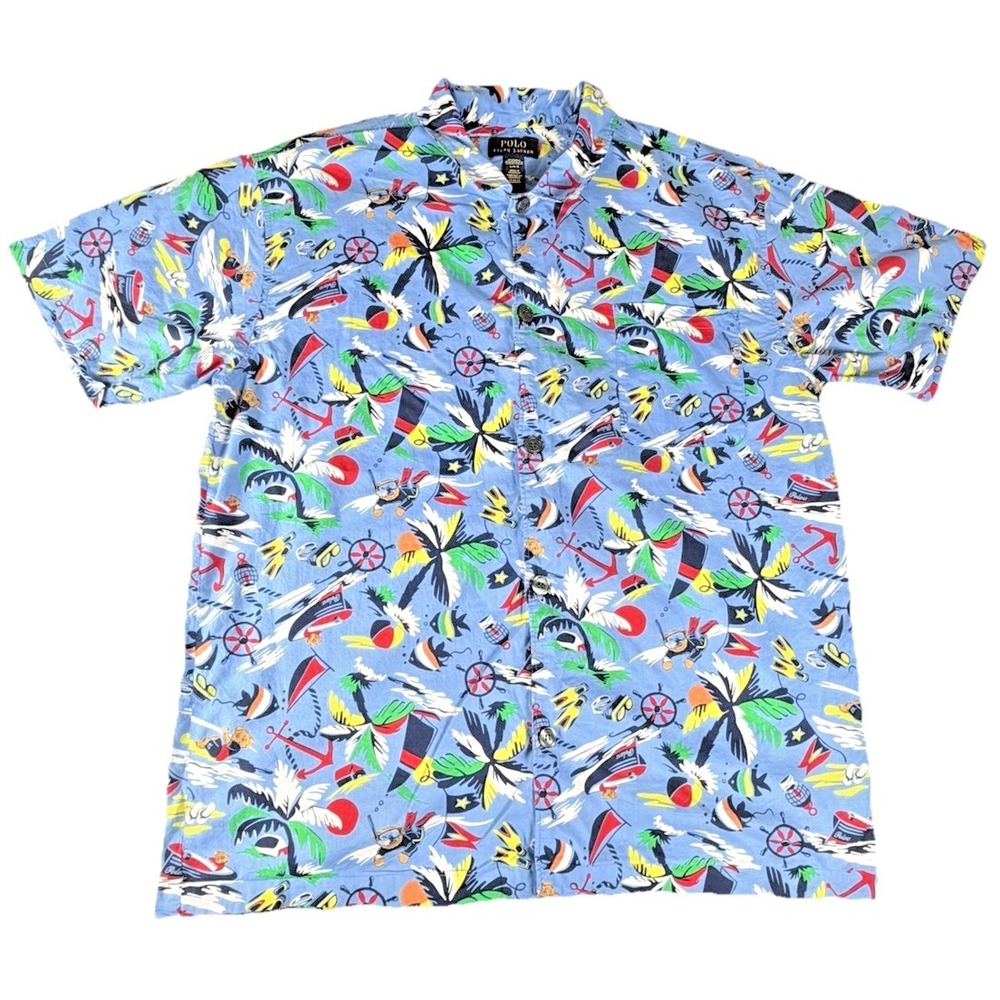 Polo Ralph Lauren Bear Print Sleepwear Shirt Mens L Blue Hawaiian Button Up
